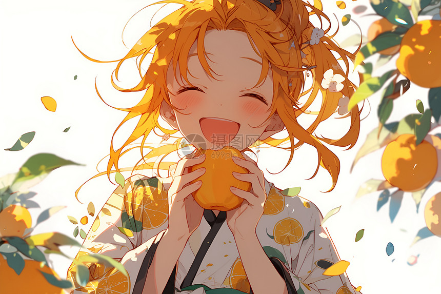 橙发女孩欢快地享受果汁图片
