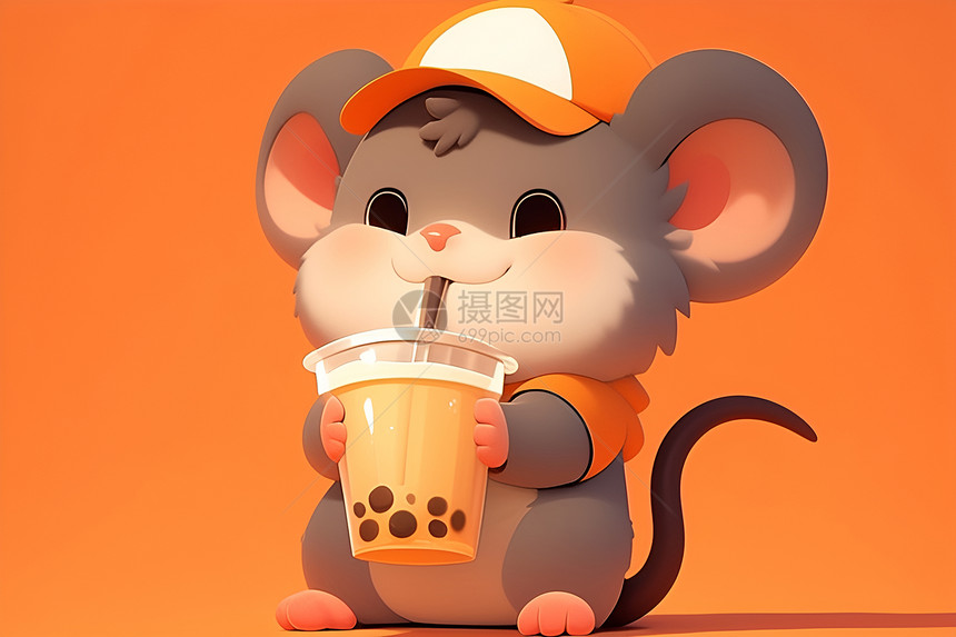 小鼠喝着奶茶背景鲜橙亮丽图片