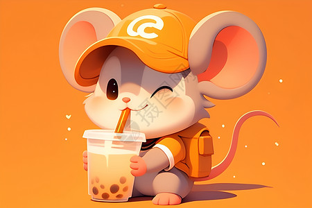 可爱的小老鼠喝奶茶背景图片