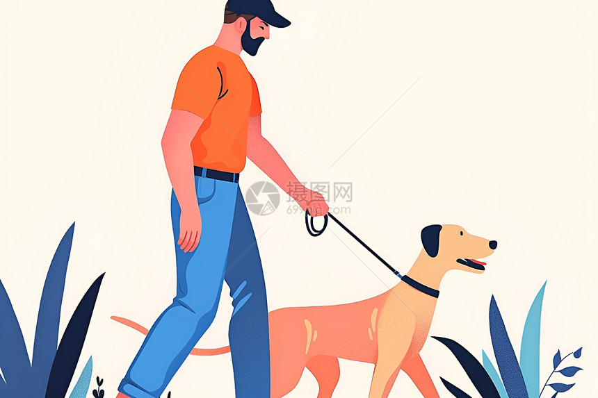 男人遛狗的插画图片