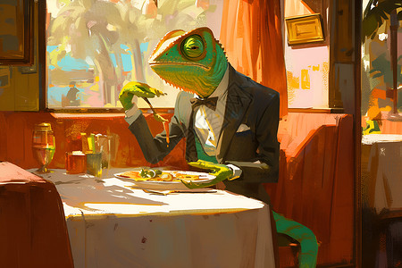 变色龙在美式餐厅用餐背景图片