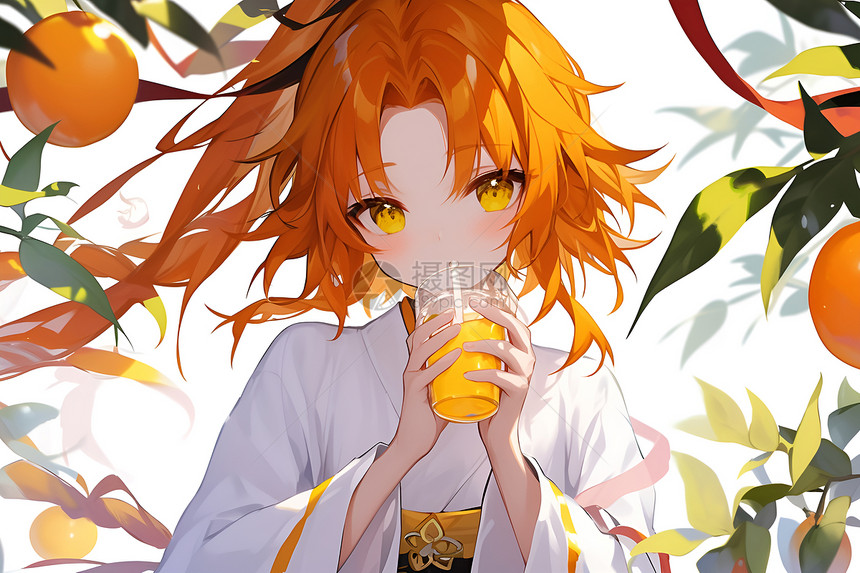 橙发少女与喝着橙汁图片