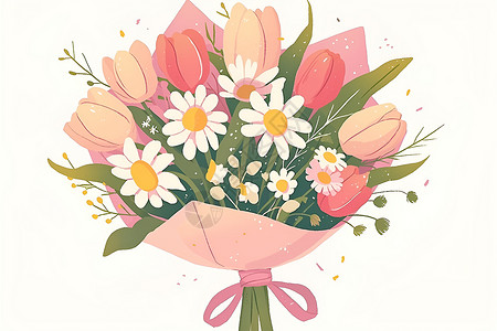 花束包装粉纸包裹的可爱花束插画