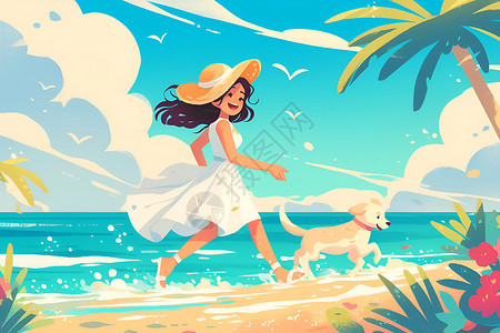 在海边奔跑少女与狗在海滩上奔跑插画
