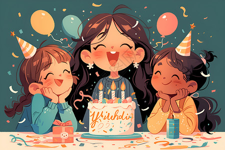 庆祝蛋糕素材庆祝生日的女孩插画