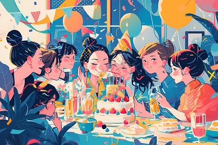 派对庆祝生生日派对中的朋友插画