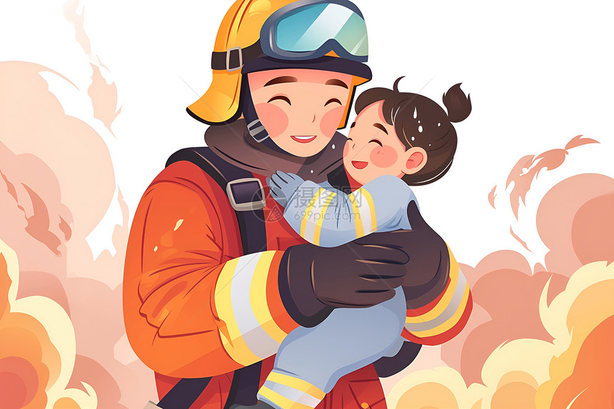 抱着孩子微笑的消防员图片