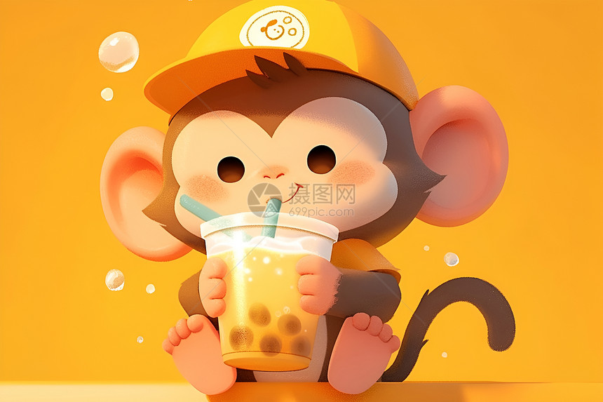 享受奶茶的猴子图片