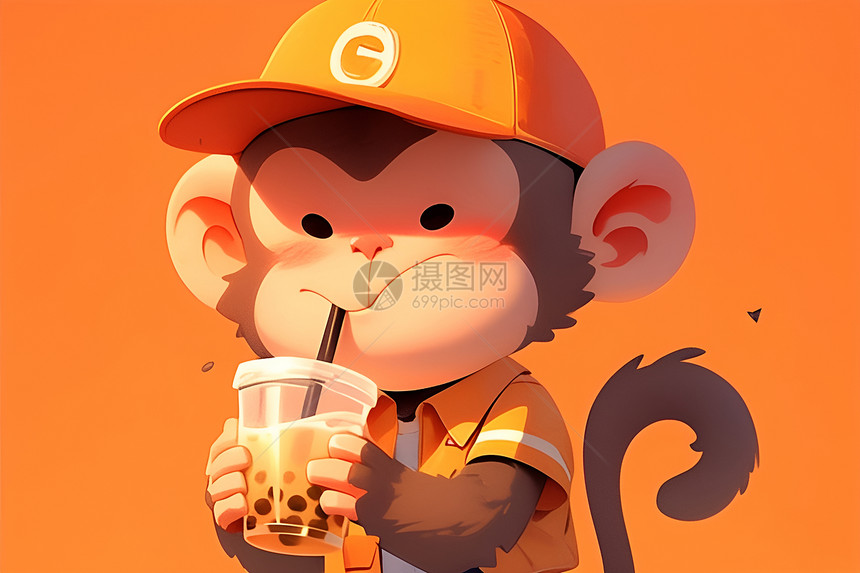 正在喝奶茶的卡通猴子图片