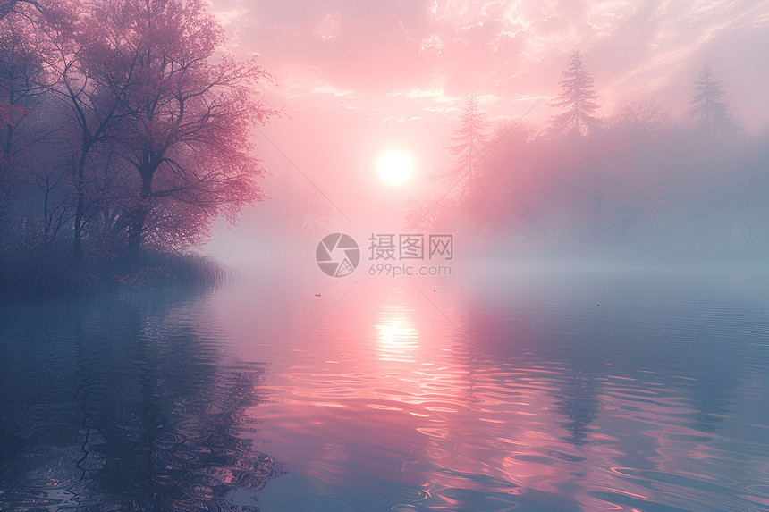 日出时的湖泊风景图片