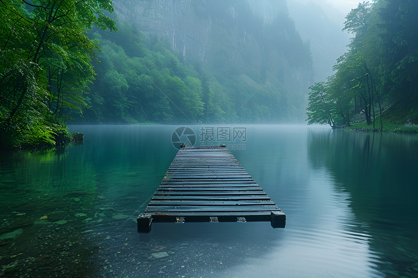 山谷中的湖畔风景图片