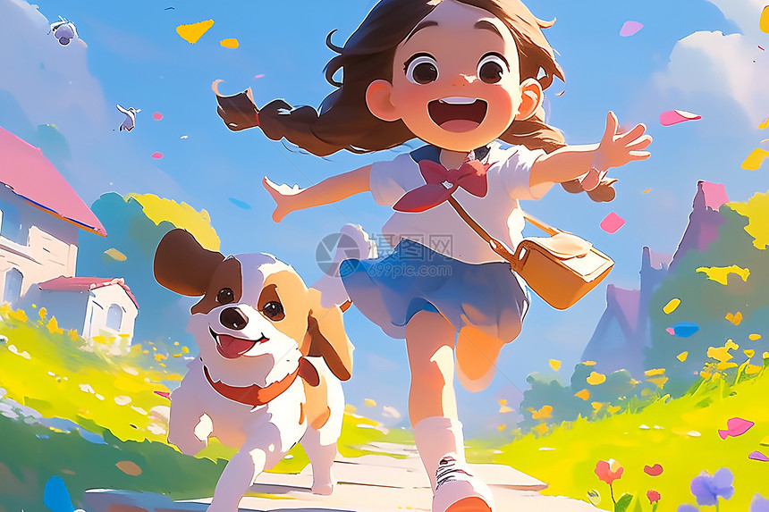 小女孩与小狗快乐奔跑图片