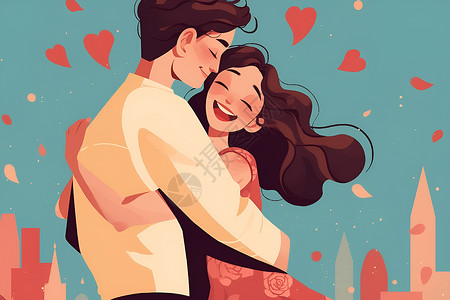 命中爱情拥抱的幸福情侣插画