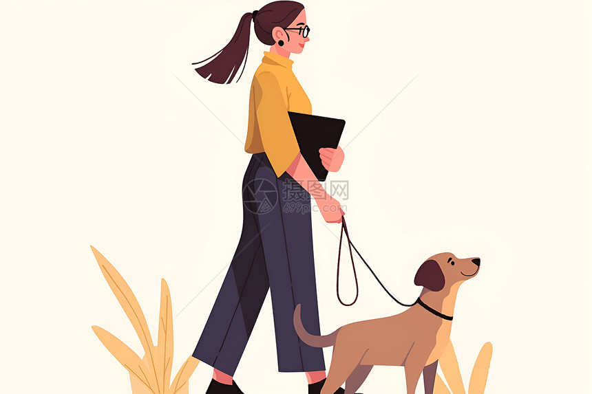 女人牵着狗散步图片