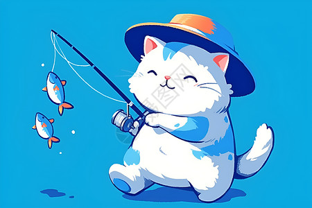 拿着鱼竿钓鱼的猫咪背景图片