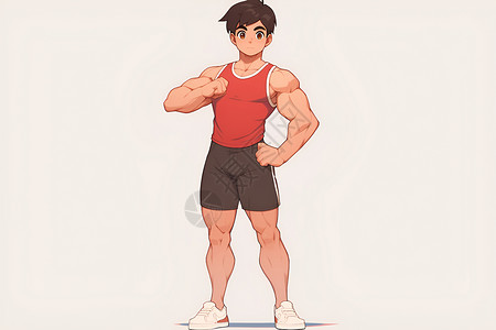 红色健身穿着红色背心的肌肉男插画