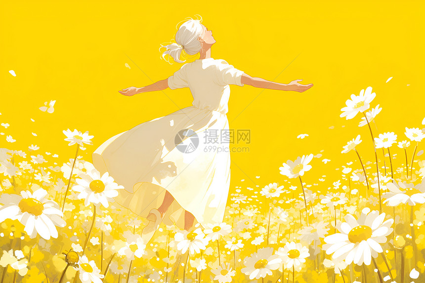 花海中的女孩插画图片