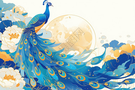 蓝色羽毛背景翩翩起舞的孔雀插画