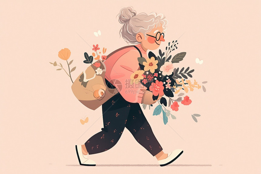 手盆花束的老奶奶插画图片