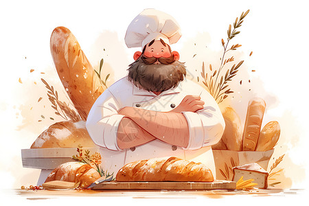 甜点烘焙展示的面包师傅和面包插画