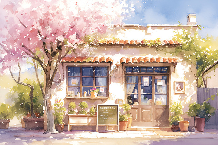 樱花树下的欧小咖啡馆图片