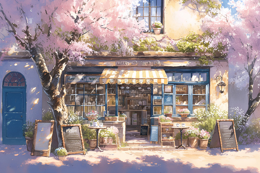 咖啡店前的花树图片