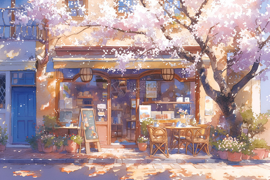 街头的花树和咖啡店图片