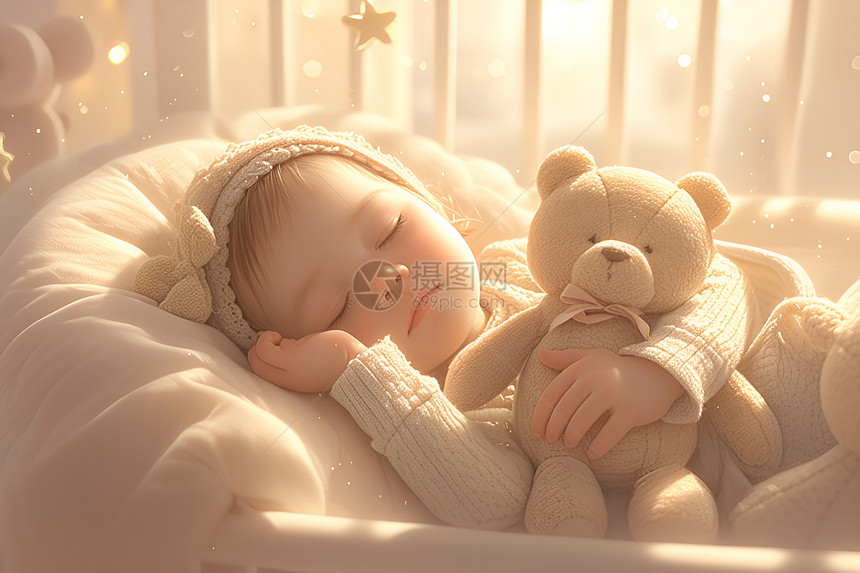 抱着小熊睡觉的婴儿图片
