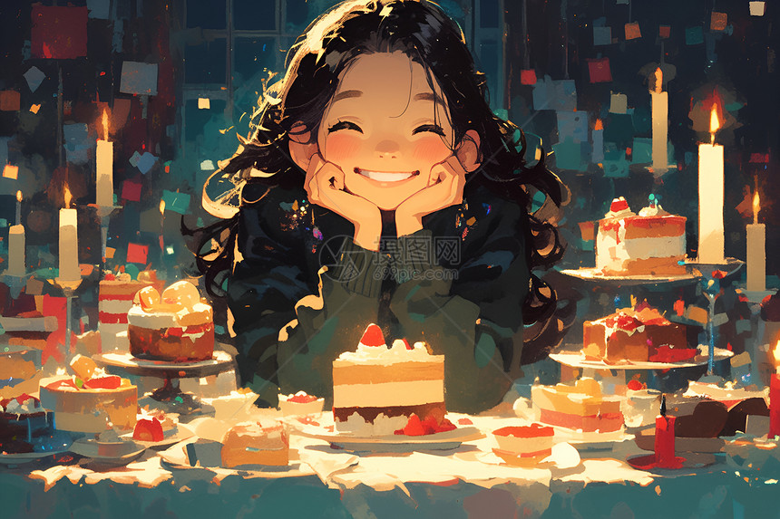 蛋糕前的开心女孩图片