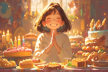 轻食餐餐桌前祈祷的女孩插画