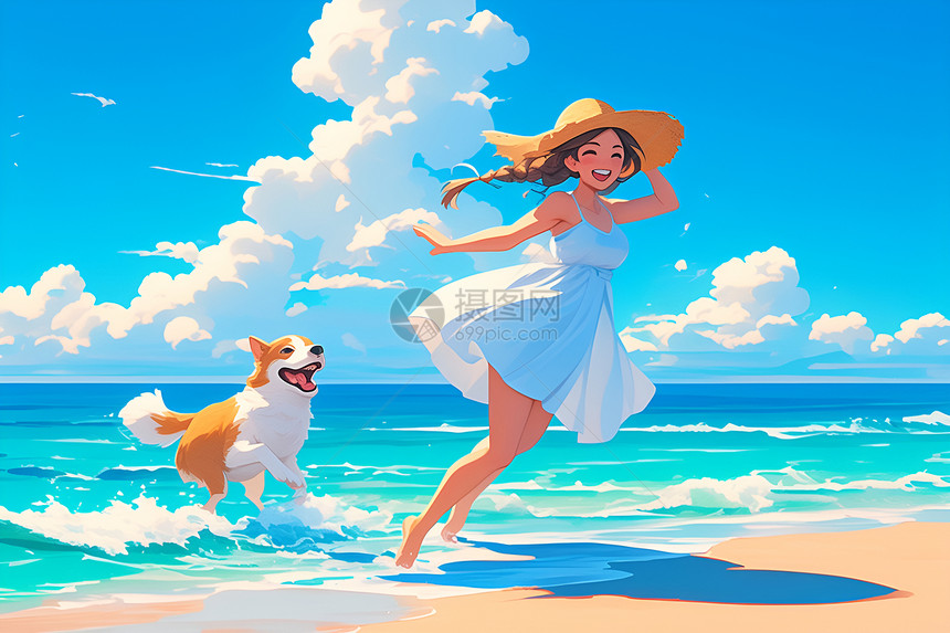 海边奔跑的小狗和女孩图片