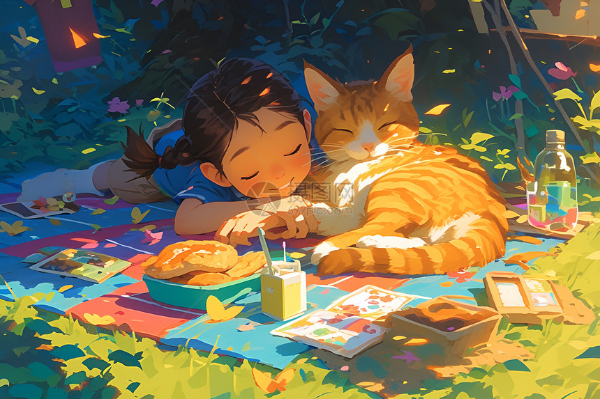 野餐布上的猫咪和女孩图片