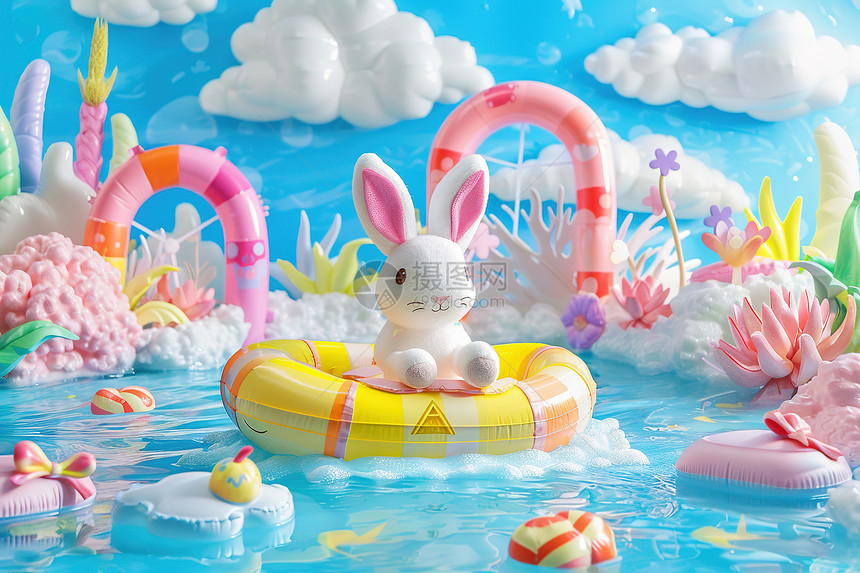 游泳圈中的兔子图片