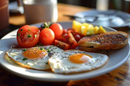 健康日签盘子中的鸡蛋和面包背景