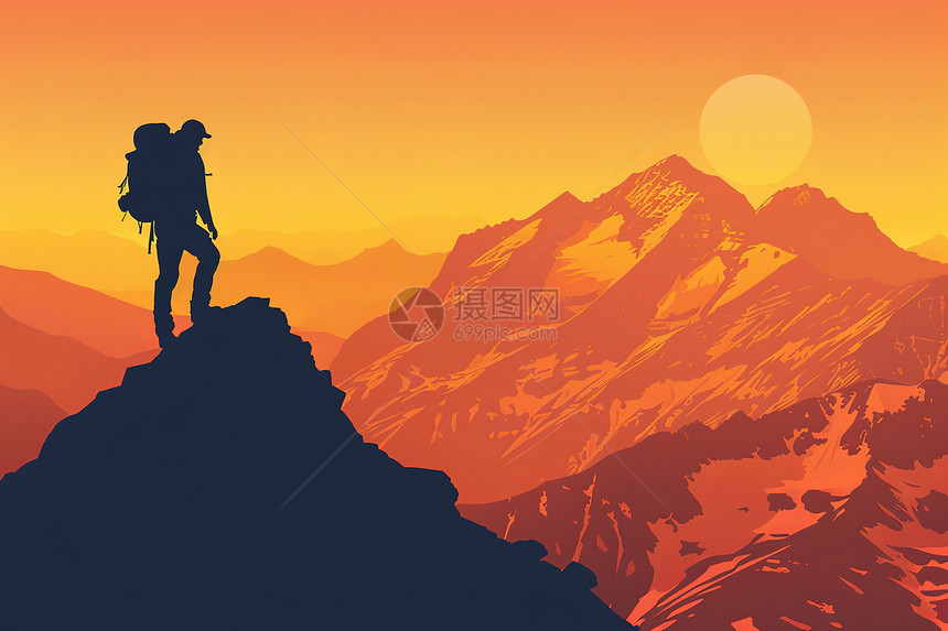 日出时山顶上的徒步者图片