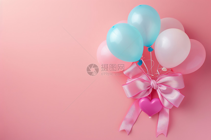 粉色背景中的气球和蝴蝶结图片