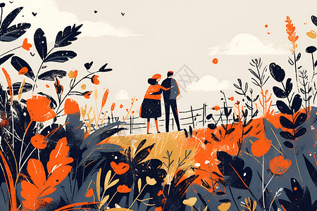 情侣背影元素草地中的情侣插画