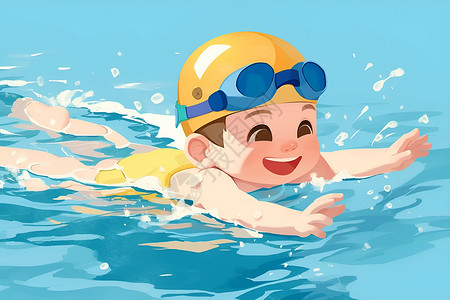 穿泳衣小男孩游泳池中玩耍的小男孩插画