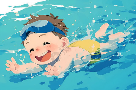 穿泳衣小男孩水中玩耍的小男孩插画