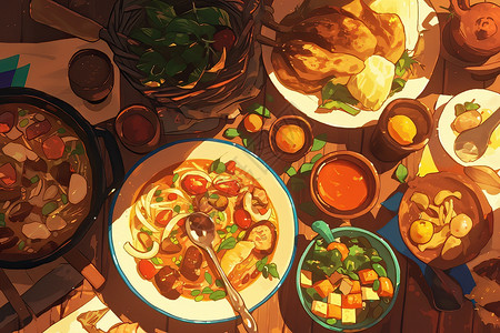 餐桌小花食物摆满桌子插画
