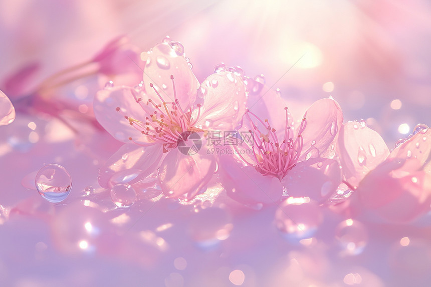 粉色花朵的水珠图片