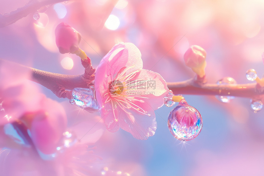 桃花和水滴图片