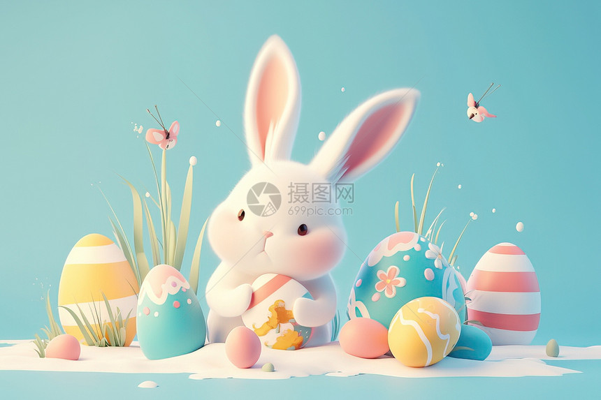 白色兔子和彩蛋图片