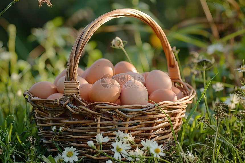 草地上篮子中的鸡蛋图片