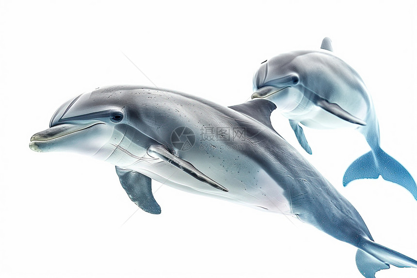 两只海豚跃出水面图片
