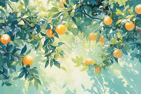 柠檬树枝太阳下的橘子树插画