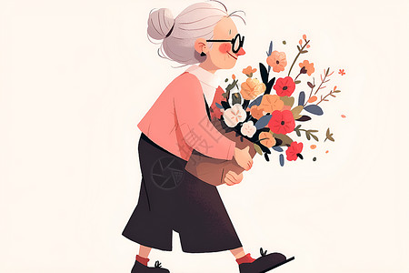 走路老人外婆手拿花束插画