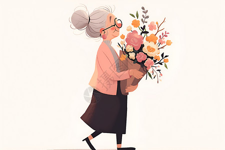 走路老人带着花束的老奶奶插画