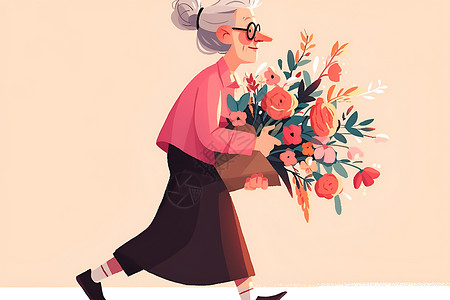 走路老人老年妇人拿着花束插画