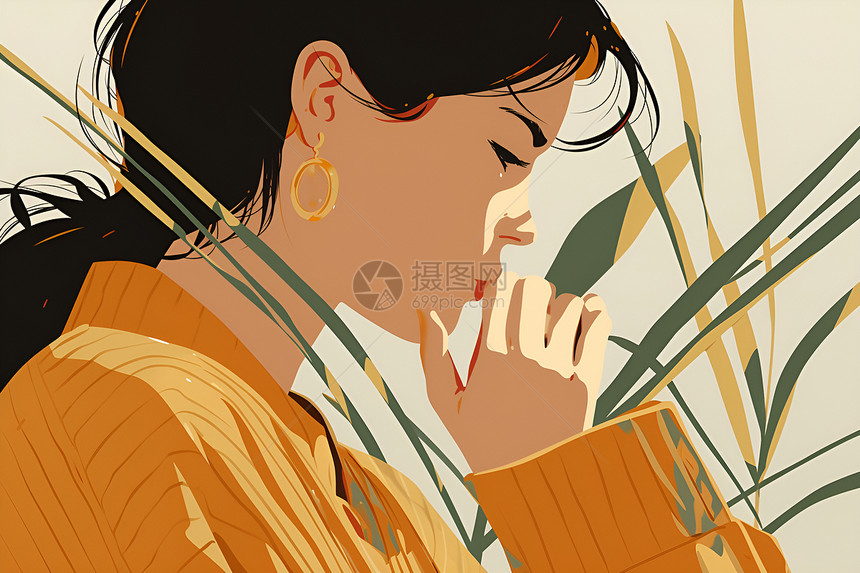 女士手托脸背后有植物穿着黄色毛衣简约插画风格的照片图片